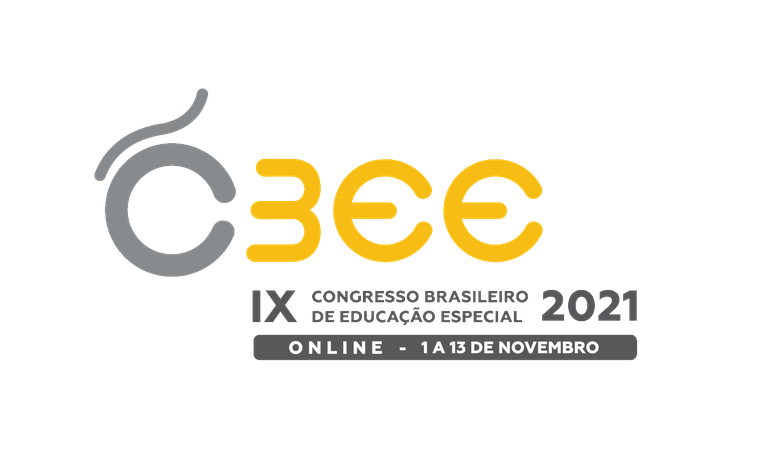 Logo com cores Cinza e Amarela: CBEE. Nono Congresso Brasileiro de Educação Especial. Online. 1 a 13 de Novembro de 2021. Sigla: CBEE escrita em letras esféricas. Na cor cinza a letra C tem, em sua parte superior esquerda, um traço ondulado, em formato do acento til, disposto na direção inclinada da esquerda inferior para a direita superior, fazendo alusão a uma visão lateral do tronco de alguma pessoa que utiliza cadeira de rodas. Assim: o Til seria o Tronco do sujeito e a letra C seria a cadeira de rodas. Em Amarelo, as letras B, E, E. Em letras cinza o nome do congresso e o ano e, sobre uma faixa cinza, letras brancas que indicam a modalidade e o período do evento.